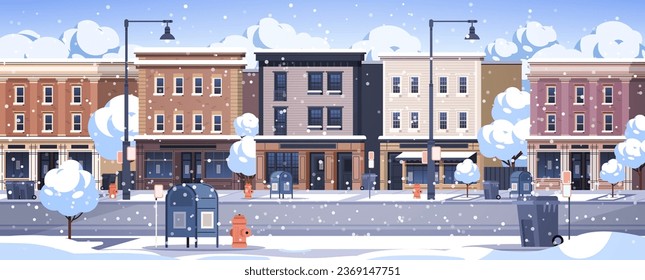 Small winter town. Snow-covered street with residential buildings and commercial lower floors. Panoramic banner vector illustration