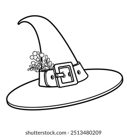 Small witch hat with buckle and berries outlined for coloring. Image produced without the use of any form of AI software at any stage.
