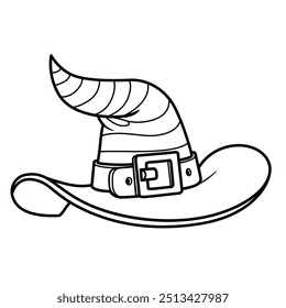 Chapéu de bruxa pequena com fivela delineada para coloração. Imagem produzida sem a utilização de qualquer forma de software de IA em qualquer fase.