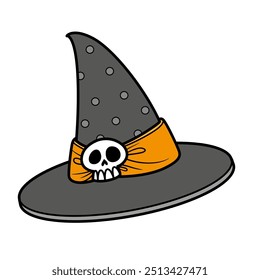 Small witch hat with fancy ribbon and skull buckle black and orange. Image produced without the use of any form of AI software at any stage.