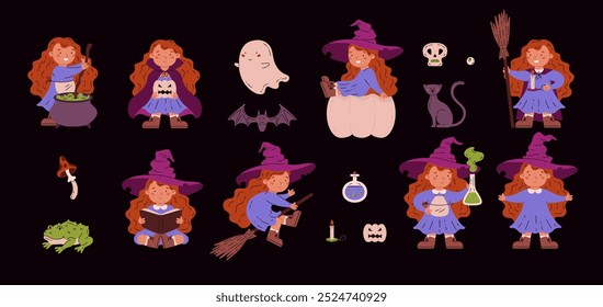 Small witch. Set of vector illustrations with a cute little witch in various actions, as well as Halloween elements: ghost, toad, cat, pumpkin, potion and bat. Isolated background, flat style.