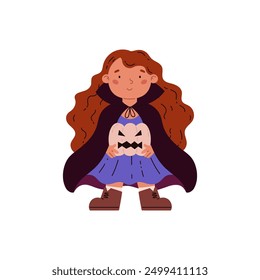 Small witch. Vector illustration of a cute witch with red hair in a black cloak holding a pumpkin with a scary face. Ideal for Halloween celebration design. Flat style on isolated background.