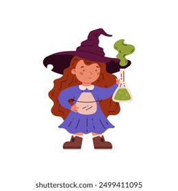 Small witch. Vector illustration of a little cute witch with red hair, a magic hat and a green potion in her hands. Design element for Halloween celebration. Isolated background, cartoon flat style.