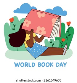 Small woman with giant books. Flat style hand drawn vector illustration for book festival banner. World book day doodle illustration isolated on white background.