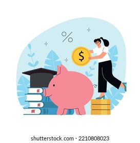 Small woman investing a coin into a piggy bank. Piggy bank and graduation hat on stack on school textbooks. Concept of money investment in education with coins. Vector flat style cartoon illustration