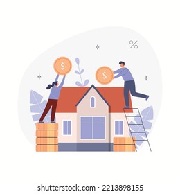 Small woman and man investing a coins into new house. Saving and investing money concept. Vector flat style illustration