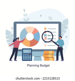 Small woman and man planning financial budget. Vector flat style illustration