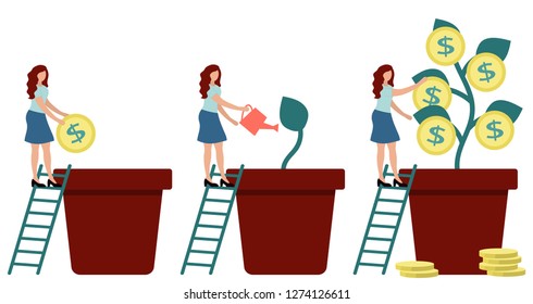 The small woman plants a coin in a big flower pot. Money tree with coins. Investing money to make a profit. Business concept. Vector flat illustration.