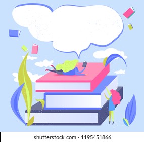 Small woman read book. Flat illustration for library, poster, academy, online education,