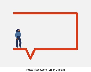 Small Woman stands on big frame of speech bubble. Poster with Female who is saying. Girl sharing her adeas and point of view. Vector illustration