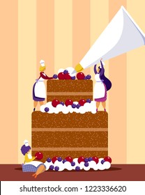 Small women cooking giant chocolate cake holding pastry cream and ingredients in hands. Vector funny illustration in flat style