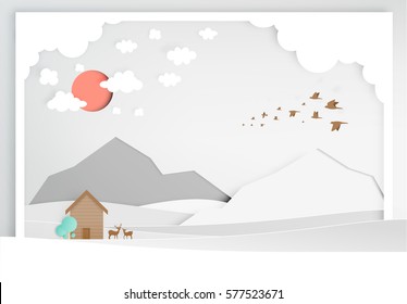 Small wood house with mountain background paper art style vector illustration