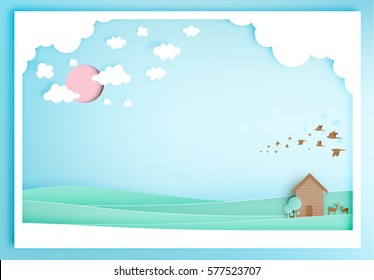 Small wood house with mountain background paper art style vector illustration