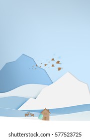 Small wood house with mountain background paper art style vector illustration