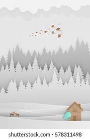 Small wood house paper art with forest background vector illustration