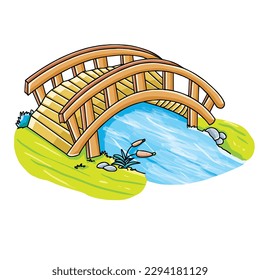Small wooden bridge clipart for kids. Vector illustration for children. Vector illustration of small wooden bridge on white background.