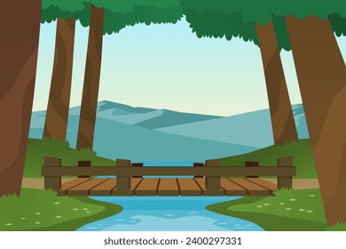 Pequeño puente de madera en el bosque con un pequeño río y montañas. Ilustración vectorial.