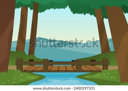 Small wooden bridge in the forest with small river and mountains. Vector illustration.
