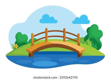 Small Wooden Bridge Over Blue Pond - Outdoor Vector Illustration