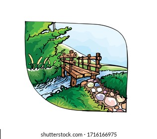 Small wooden bridge over the mountain river in the forest