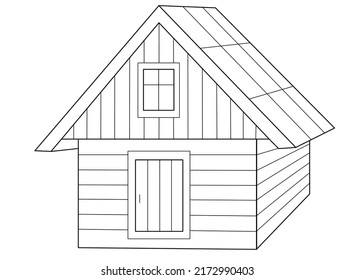 Small wooden building, barn - vector linear picture for coloring. Outline. Wooden house in perspective, isometry.