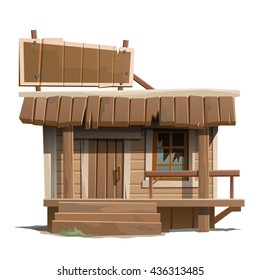 A small wooden building with a broken window. Vector.