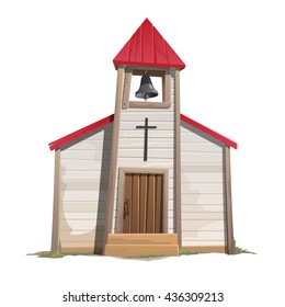 A small wooden Church isolated on white background. Vector cartoon close-up illustration.