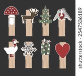 Small Wooden Clothes Peg collection. Set of winter decorated clothespins. Isolated Christmas mood design element. Vector illustration