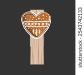 Small Wooden Clothes Peg decorated with gingerbread heart cookie. Isolated design element for Winter pins. Vector illustration of Clothespin