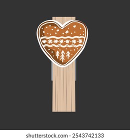 Pequeña clavija de ropa de madera decorada con galleta de corazón de jengibre. Elemento de diseño aislado para pasadores de invierno. Ilustración vectorial de Clothespin