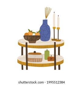 Small wooden coffee table with vase and candles for cozy home interior design. Modern stylish wood furniture with cute decorations. Colored flat vector illustration isolated on white background