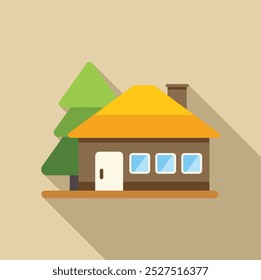 Small wooden family house with a yellow roof standing near fir trees in a flat style with a long shadow on a light brown background