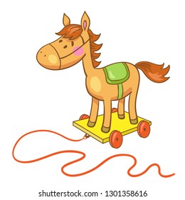 Small wooden horse -a toy for riding. In cartoon style. Isolated on white background. Vector illustration.