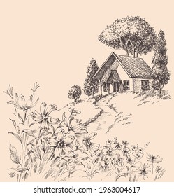 Small wooden house on a hill landscape