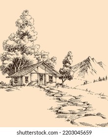 Small wooden house retreat in the nature drawing