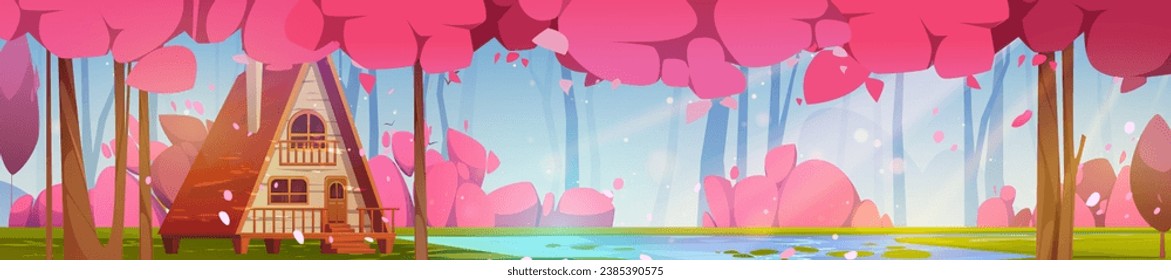 Small wooden house in sakura garden. Vector cartoon illustration of nice cottage with porch, windows and chimney on roof, cherry blossom trees around lake, pink petals flying in air, spring sunlight