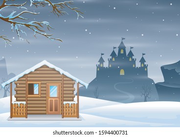 A small wooden house and silhouette castle on the winter hill