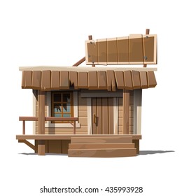 A small wooden house in the style of the wild West isolated on white background. Vector cartoon close-up illustration.