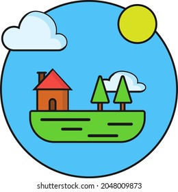 Small wooden house with trees, clouds and sunshine professionally on a blue and white background
