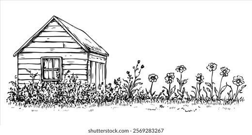 small wooden house with wildflowers and grassy field hand drawn doodle sketch