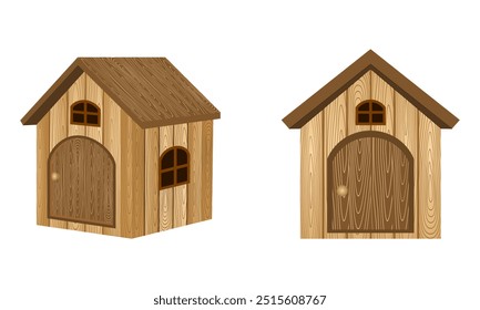 pequena casa de madeira de tábuas de madeira com textura de grãos para animais de estimação , brinquedos ou decoração. ilustração vetorial isolado no fundo branco.