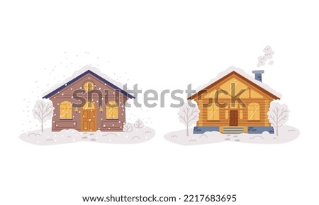 Small wooden houses with glowing windows. snowy rooftops and smoke in chimney flat vector illustration