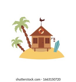 Small wooden hut on tiny sand island with palm trees isolated on white background, brown beach house with life preserver symbol and surfboard - flat vector illustration