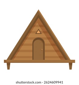 Small wooden hut standing on four legs with a triangular roof, a small triangular window and a wooden door with a round handle