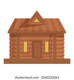 Small wooden log cabin with glowing windows and brown roof