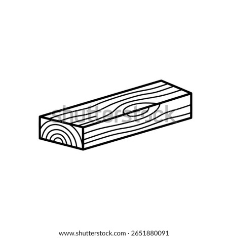 A small wooden plank or block with a simple grain texture, drawn in a 3D isometric line art style. An icon for wood or construction.