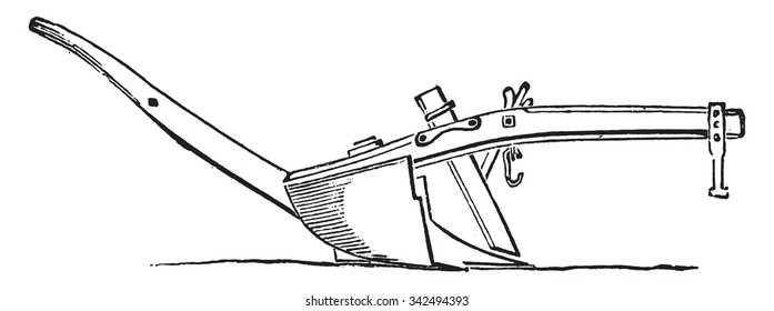 Small wooden Plow, seen from the side of the moldboard, vintage engraved illustration. Industrial encyclopedia E.-O. Lami - 1875. 