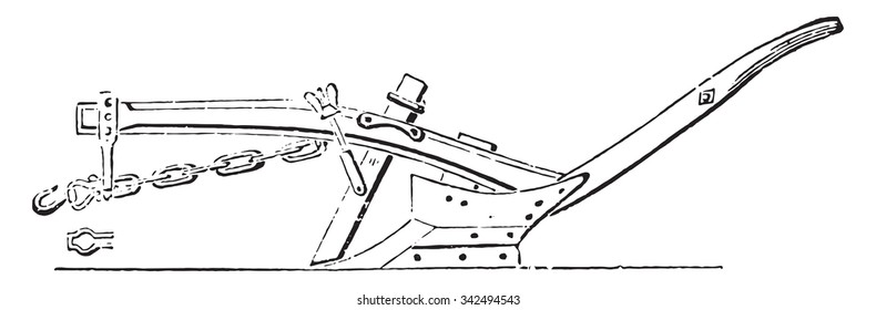 Small wooden Plow, seen from the side of the wall, vintage engraved illustration. Industrial encyclopedia E.-O. Lami - 1875. 