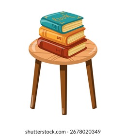 Small wooden round table with three colorful books stacked on top. Cartoon Vector isolated illustration on white background.