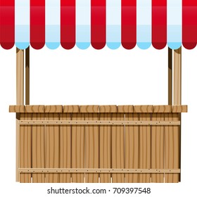 small wooden street kiosk with an empty counter and a striped canopy for the sun